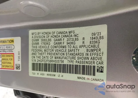 2024 Honda Civic Sport из США, поврежденный, VIN 2HGFE2F58RH505756